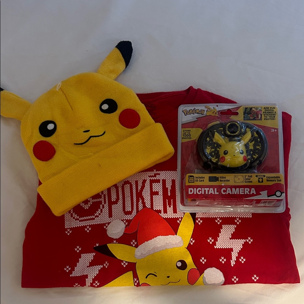 Pokemon Pikachu Red Shirt and Yellow Beanie with Camera Set